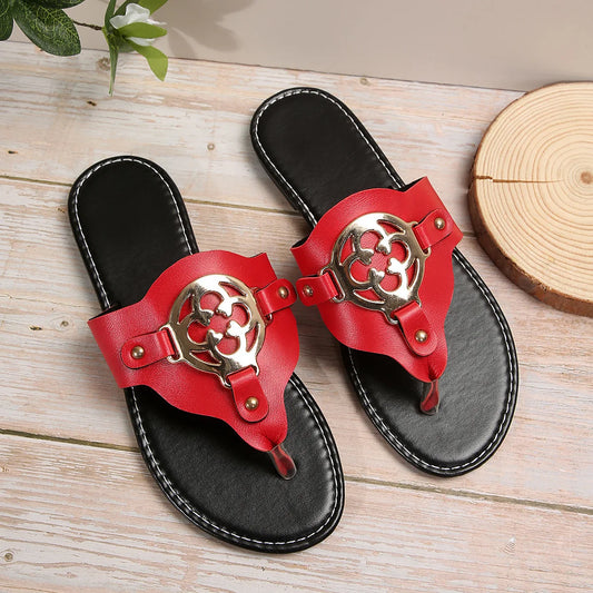 Women's Summer Open Toe Flat Sandals with Stylish Metal Buckle Fashion Trend Flip-Flops for Slippers