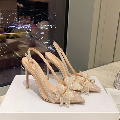 Elegant Woman's Wedding Sandals French Bow Shallow Cut Thick Trendy Upper Lighted Sandals Outdoor Summer Bride Shoes