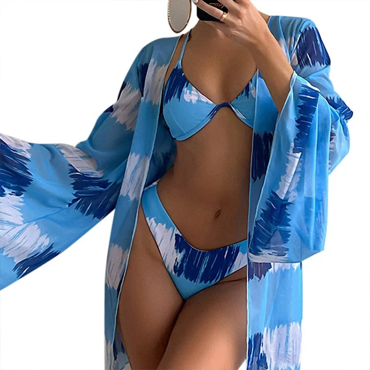 Swimwear Custom Plus Size Bathing Suit for Women 3 Pieces Swim Suit Halter High Waist Swimwear Pink Floral Bikini Set