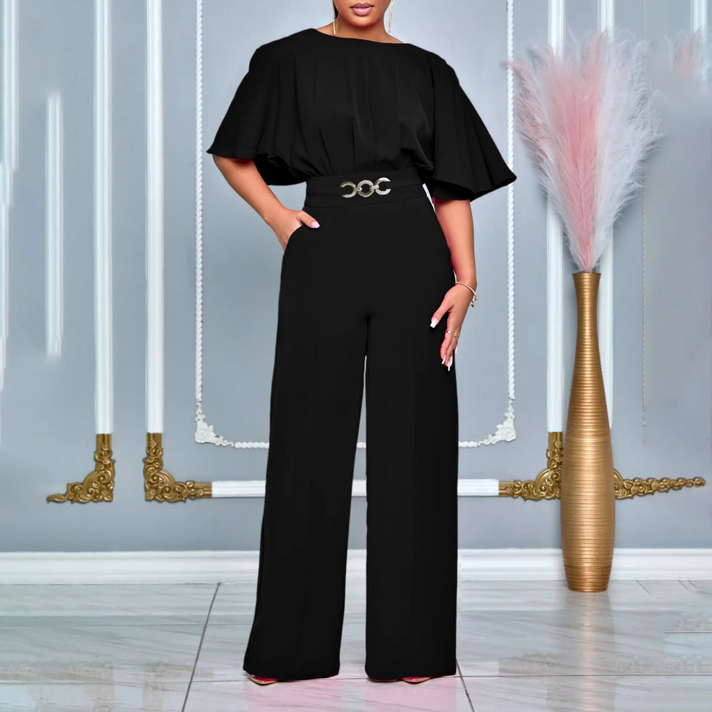 D3276 Loose Fit Fashion Overall mit Rundhalsausschnitt, hohem Bund, weitem Bein im afrikanischen Stil, aus Canvas-Stoff