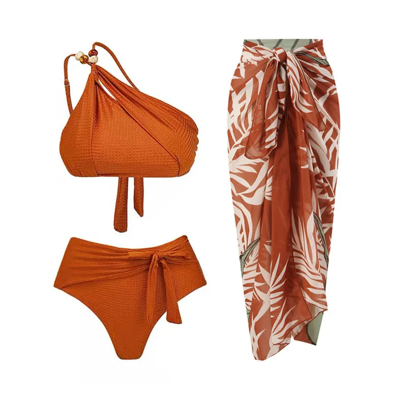 Sexy Bikini Set Women Luxury Beading Swimwear Hollow Out Swimsuit Two-pieces Halter Beachwear Bathing Suit With Cover up Skirt