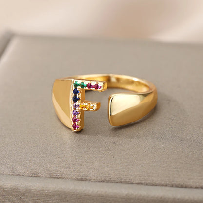 Anelli con lettera zircone arcobaleno per le donne Moda grosso lettera larga AZ anello in acciaio inossidabile matrimonio gioielli Boho spedizione gratuita