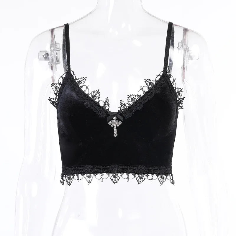 Top corto in velluto Mall Goth Top corto in pizzo nero Emo Top corto estetico alternativo Canottiere da donna con cinturino sexy senza schienale