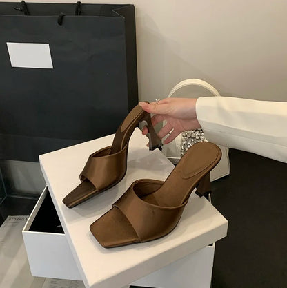 8CM Simple Style Women Slippers Silk Stiletto Heels Summer Outdoors High Heeled Sandals Comfortable Party Ladies Shoes Mules