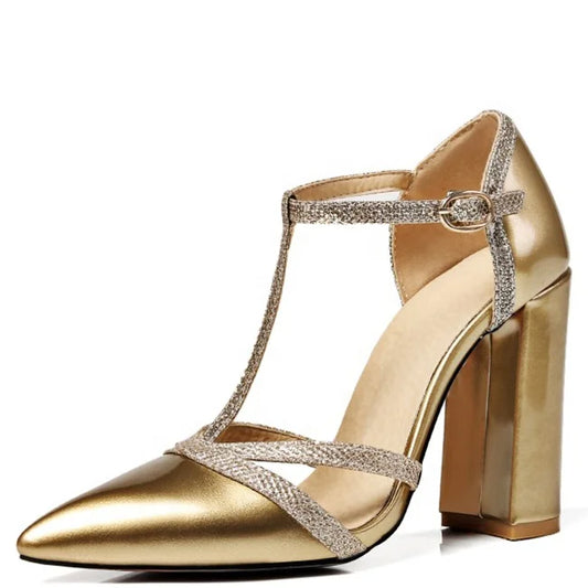 Big Size 47 Patent Leather Women Block High Heels Shoes for Evening Fetish Multi-colors Pointed Toe Pumps T-strap Sandals Ladies