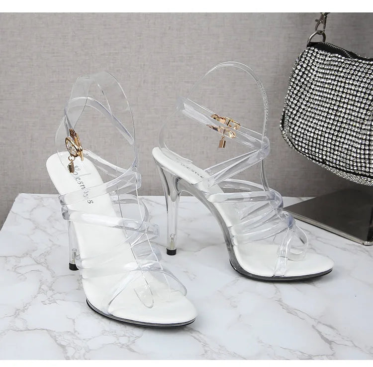 Sandales transparentes d'été à talons hauts de 11CM, sexy, super ouvertes, pour boîte de nuit, avec boucle, amusantes, grandes tailles, chaussures de mariage et de fête