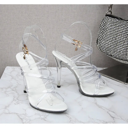 Sandales transparentes d'été à talons hauts de 11CM, sexy, super ouvertes, pour boîte de nuit, avec boucle, amusantes, grandes tailles, chaussures de mariage et de fête