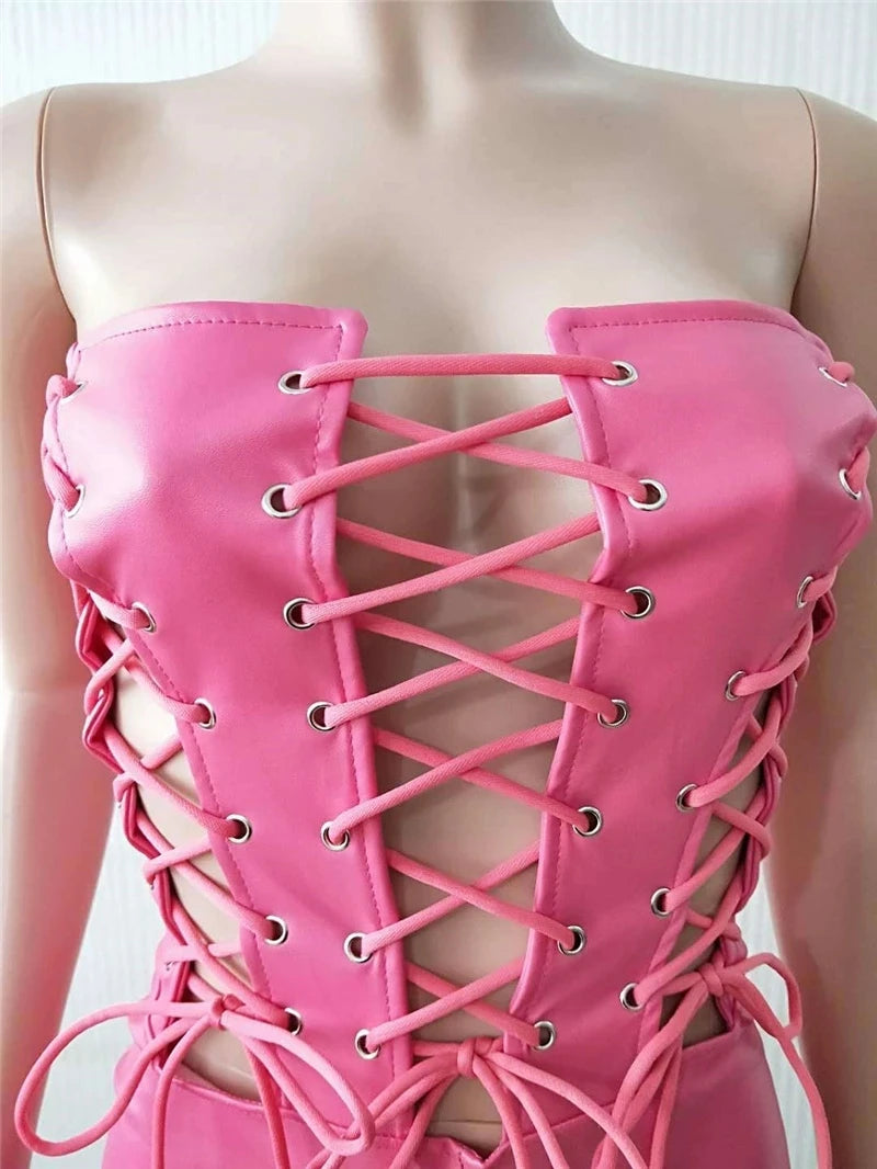 Short combishort moulant en similicuir à lacets pour femme - Tenue de soirée, boîte de nuit, bustier, coupe ajustée