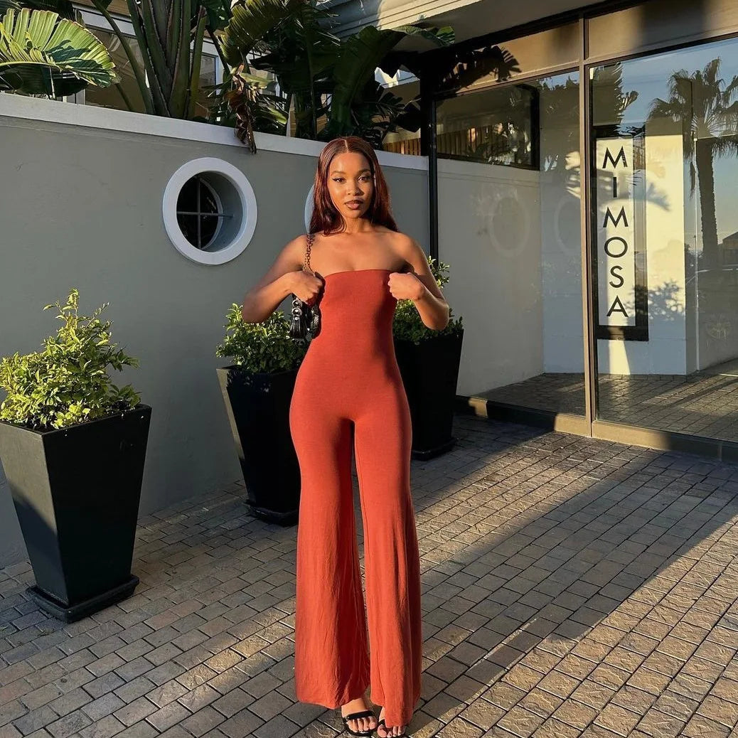 Sexy Strapless Sleeveless Wide Leg Loose Basic Solid Color High Elasticity Casual Fashion Jumpsuit Pants