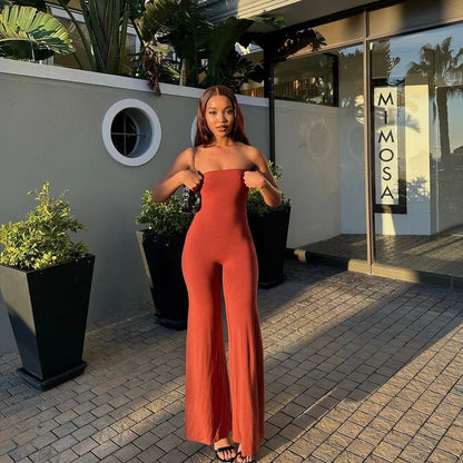 Sexy Strapless Sleeveless Wide Leg Loose Basic Solid Color High Elasticity Casual Fashion Jumpsuit Pants