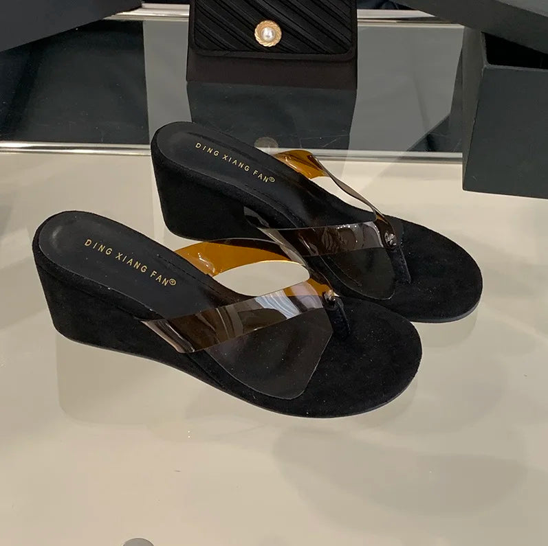 Chaussons transparents en PVC pour femmes 2025, sandales d'été à bout ouvert, talons compensés, chaussures à enfiler, tongs pour dames
