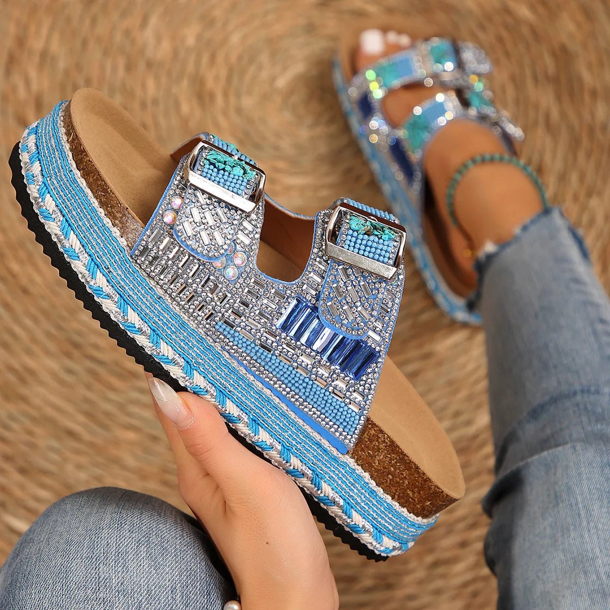 New Summer Flat Sandals Thick Bottom Hemp Rope Double Button Water Diamond Cork Beach Slippers Large Women's Slippers