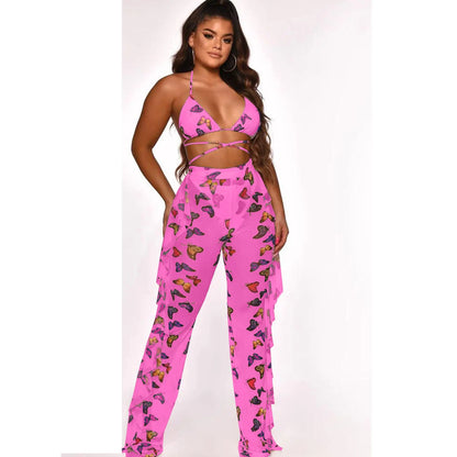 Summer Night Club Bikini Halter Sexy Swimsuits for Women 2Pcs Sheer Sexy 2025 Women Long Pant Bathing Suits