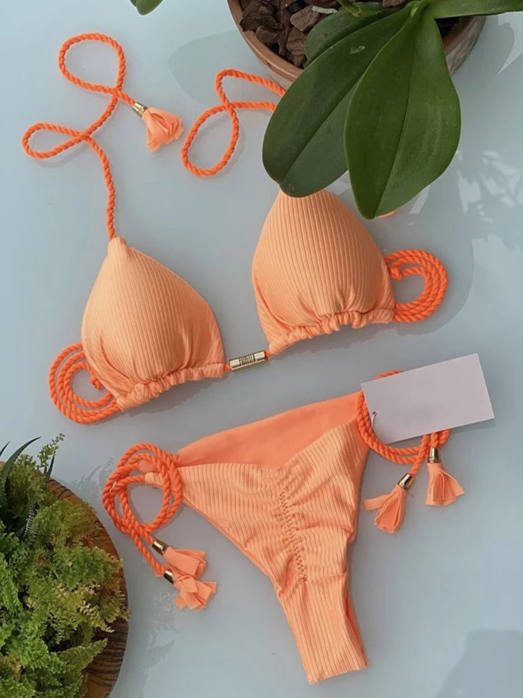 Neon Tassel Bikini Women Ribbed Swimsuit Sexy Swimwear Micro Thong Triangle Bandage Swimsuit 2023 Halter Brazilian Biquini