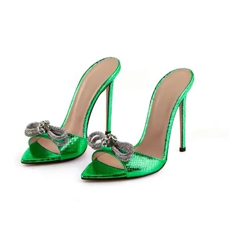 Chaussures à talons aiguilles fines pour femmes taille 45, diamants et nœud, talons hauts et fins, sandales de soirée, mules d'extérieur, escarpins de fête