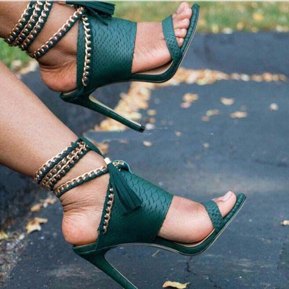 Sexy Metal Chain High Heel Sandals Fringes Straps Women Stiletto Slippers Lace up Party Shoes