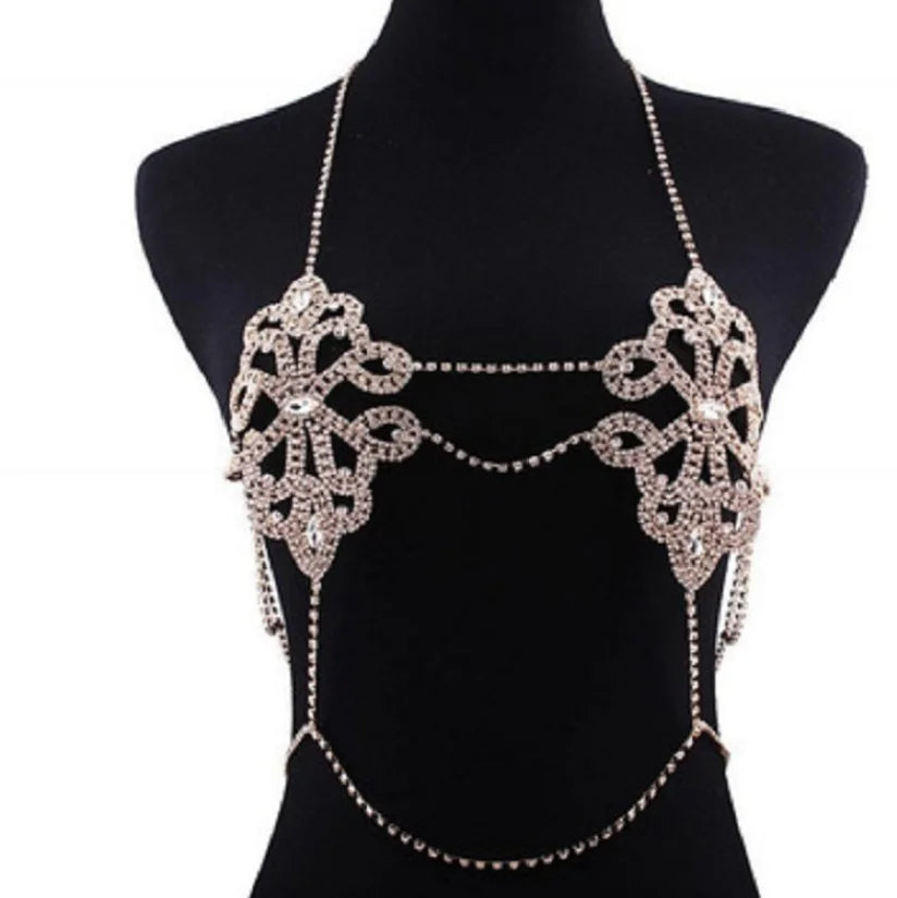 Parure de lingerie sexy avec chaîne en strass, bijoux de corps en forme de cœur pour femmes, maillot de bain, sous-vêtements à paillettes, soutien-gorge et string en cristal #0699