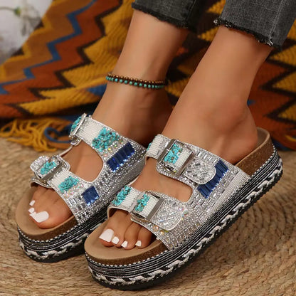 New Summer Flat Sandals Thick Bottom Hemp Rope Double Button Water Diamond Cork Beach Slippers Large Women's Slippers