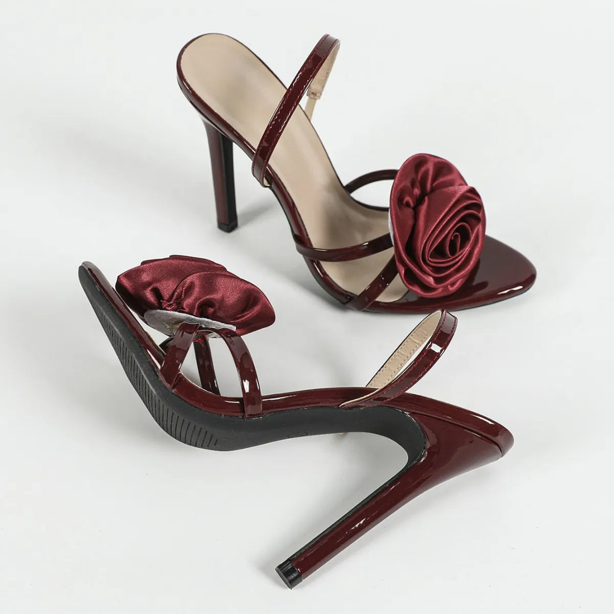Sandales à Talon Aiguille Bride Cheville Bout Ouvert Rose Rouge Motif Fleur 3D Tendance Mode Été Extérieur Fermeture à Enfiler