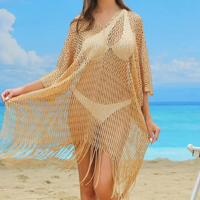 Taille Unique   Cache-maillot de bain de vacances, châle évidé, paréo de plage, pull, vêtements de plage à franges