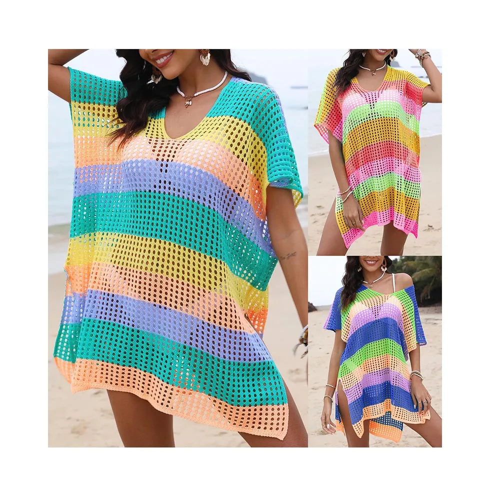 2024 Sexy Hollow Women Bathing Suit Knitted Crochet Top Swimsuit Beachwear Mesh Bikini Cover up Ladies Summer Beach Dresses