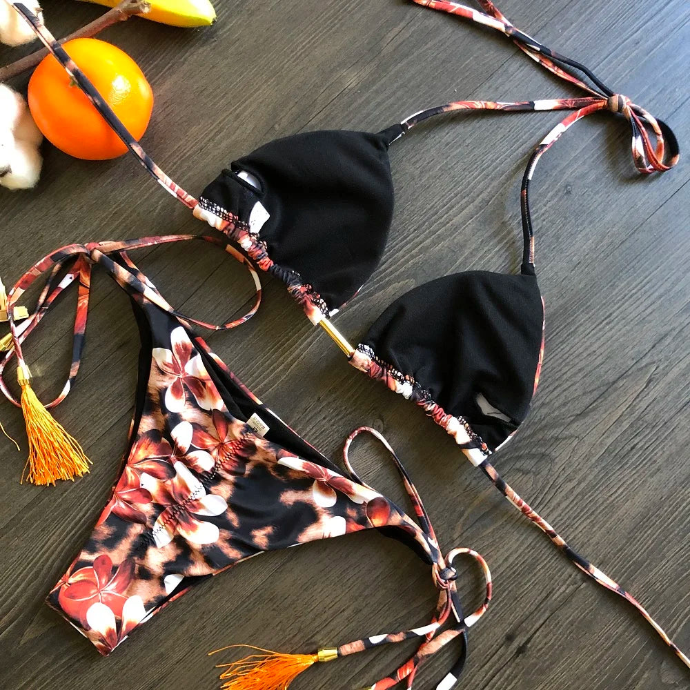 RUOTONGSEPT Sexy Micro Bikinis Set 2024 New Swimsuit Women Feather Print Bandage Swimwear Female Bathing Suit Brazilian Biquinis
