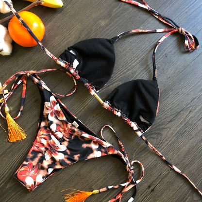 RUOTONGSEPT Sexy Micro Bikinis Set 2024 New Swimsuit Women Feather Print Bandage Swimwear Female Bathing Suit Brazilian Biquinis