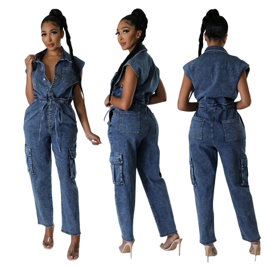 6983 Printemps Décontracté Col rabattu Sans manches Poche Ceinture Combinaison en jean coupe droite et ample Toile Lavé Séchage rapide