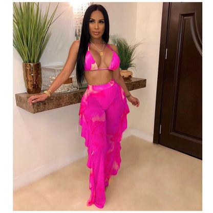 Summer Night Club Bikini Halter Sexy Swimsuits for Women 2Pcs Sheer Sexy 2025 Women Long Pant Bathing Suits