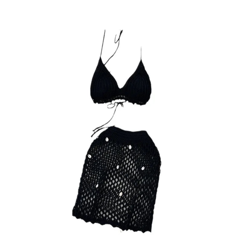 Damen Sommer Bademode Strand Sonnenbaden Muschel Bikini Set Stilvolle einfarbige Neckholder Hohler Strickrock
