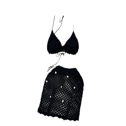 Damen Sommer Bademode Strand Sonnenbaden Muschel Bikini Set Stilvolle einfarbige Neckholder Hohler Strickrock