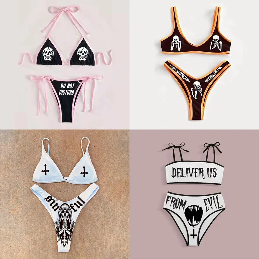 Ensemble bikini imprimé lettres gothiques punk, maillot de bain sexy 2023 pour femmes, motif tête de mort, col en V, maillot de bain tendance