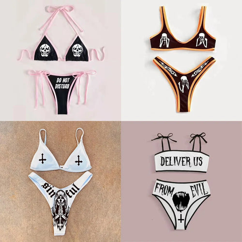 Ensemble bikini imprimé lettres gothiques punk, maillot de bain sexy 2023 pour femmes, motif tête de mort, col en V, maillot de bain tendance