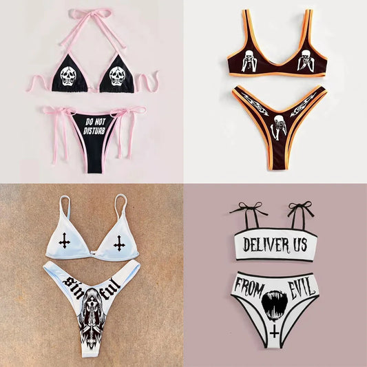 Punk Gothic Letters Print Bikinis Set Sexy Bikini 2023 Women Skull Pattern V-neck Swimwear Fashion Swimsuit Bathing Suit