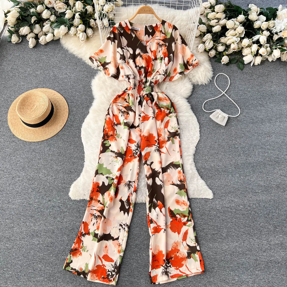 ANSZKTN Women's Summer Pant Set Short Sleeved Lattice Shirt Loose Wide-leg Trousers Printed High Waist Suit Jumpsuit