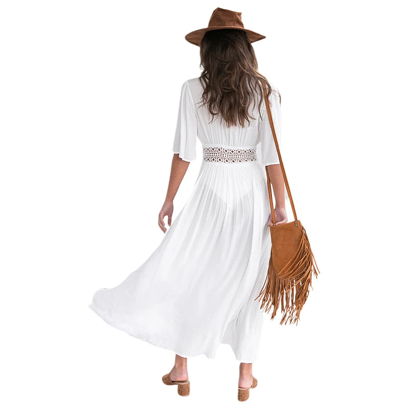 Neue Mode Damen Sommer Bikini Overall Tiefer V-Ausschnitt Halbarm Spitze Passende Schnürung Lässiges Langes Cape Cardigan Kleid