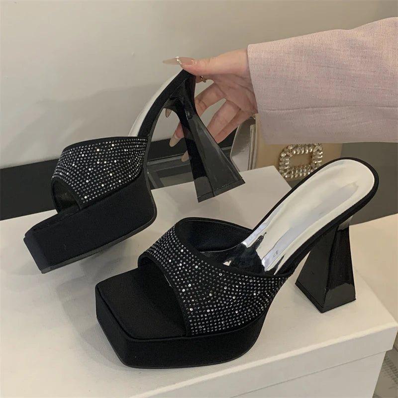2025 Summer New Glitter Fish Mouth Slippers Black Fashion Thick Heel Waterproof Platform Sandals High Heels Slippers