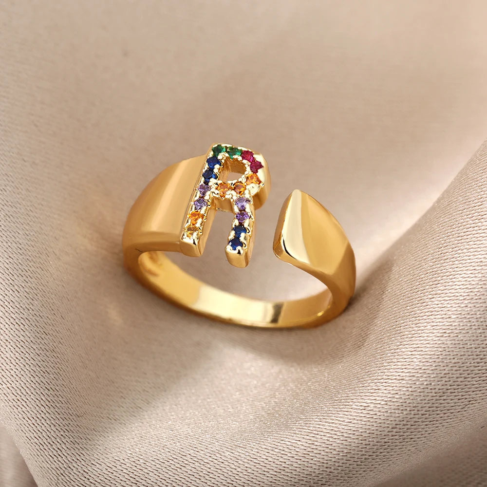 Anelli con lettera zircone arcobaleno per le donne Moda grosso lettera larga AZ anello in acciaio inossidabile matrimonio gioielli Boho spedizione gratuita