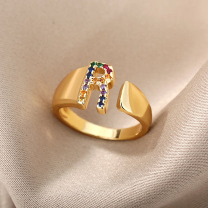 Anelli con lettera zircone arcobaleno per le donne Moda grosso lettera larga AZ anello in acciaio inossidabile matrimonio gioielli Boho spedizione gratuita