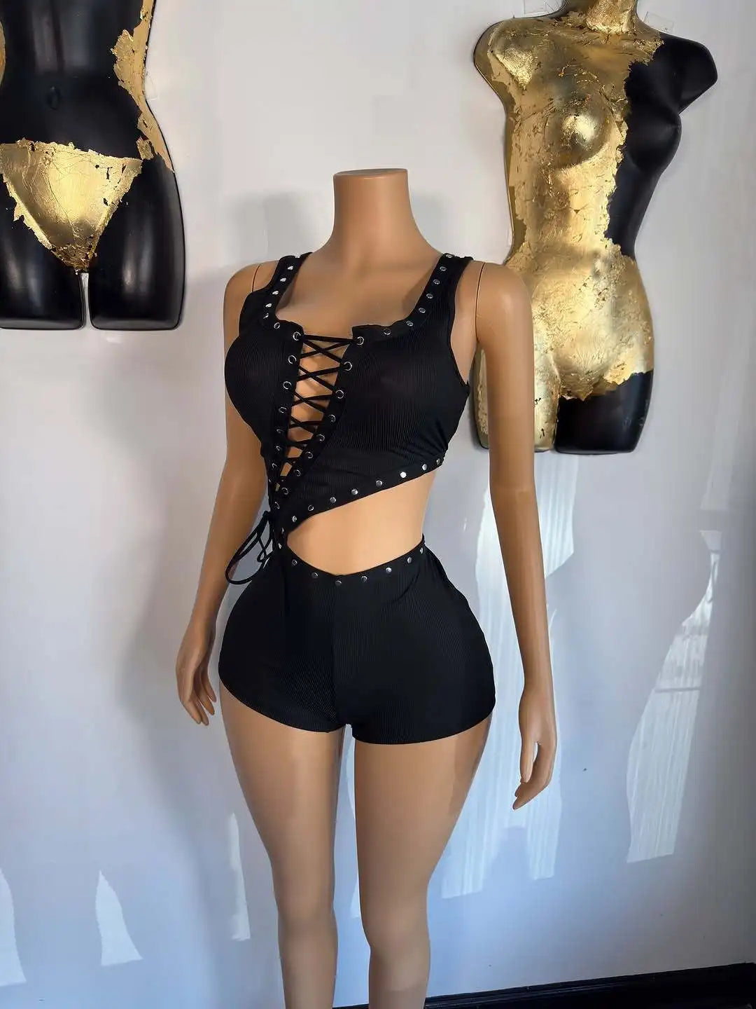 F1429-2026 Sommerkleidung Damen Jumpsuits Ösen Aushöhlen Schwarz Bodycon Jumpsuit Shorts Weiblich