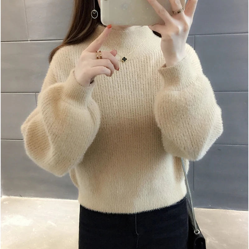 Autunno/Inverno Donna Maglione Pullover Nuovo Mezza Dolcevita Manica Lanterna Maglione Corto Imitazione Visone Pile Maglia Maglione Top