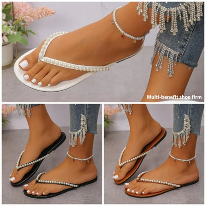 2025 New Fashionable and Versatile Pearl Clip Toe Women's Flat Slippers, Daily Low Heel One Line Casual Beach Sandals