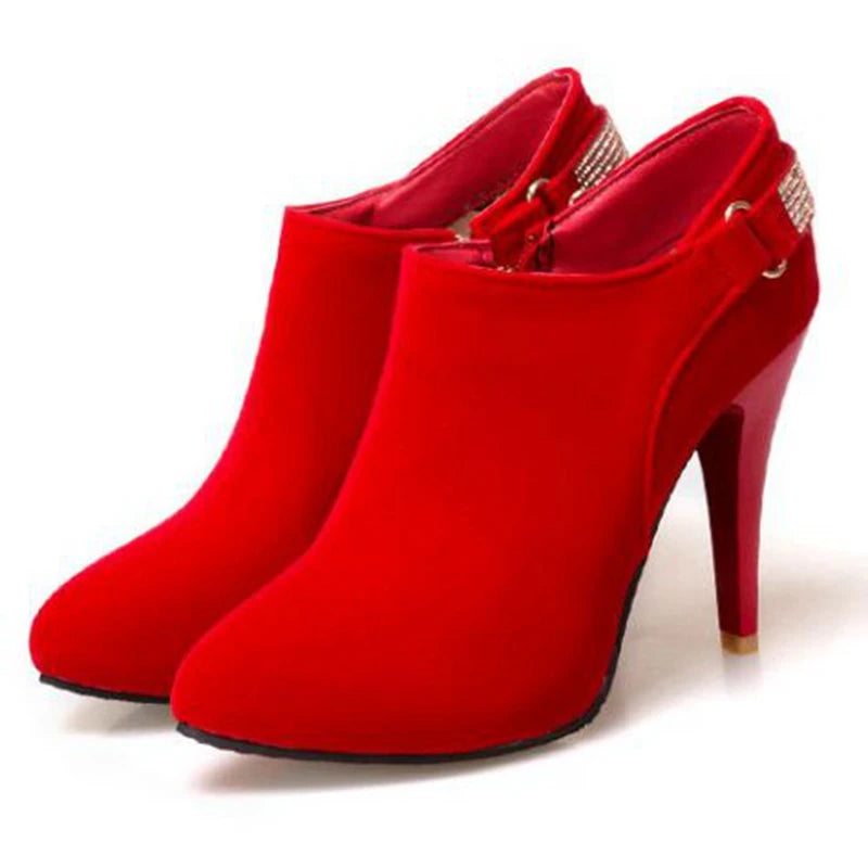 REAVE CAT Ankle Boots Pointed Toe Shoes women Sale Thin Heels Flock Suede Leather Rhinestone Big Size 31-50 Weeding Blue Black