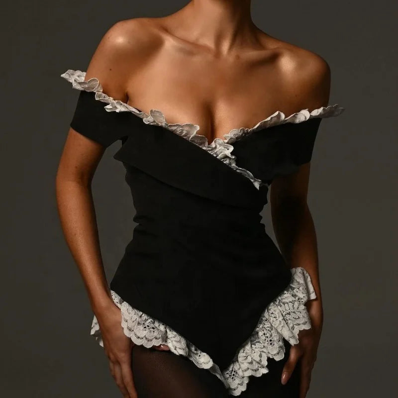 OUDINA Été Nouveau Contrasté Couture Dentelle Femme Haut Bodysuit Combinaison Combinaisons Bodysuits