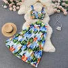 ANSZKTN et le style de vacances américain ANSZKTN Print Suit Femme Courte Bretelle Haut Jupe Plissée Ensemble