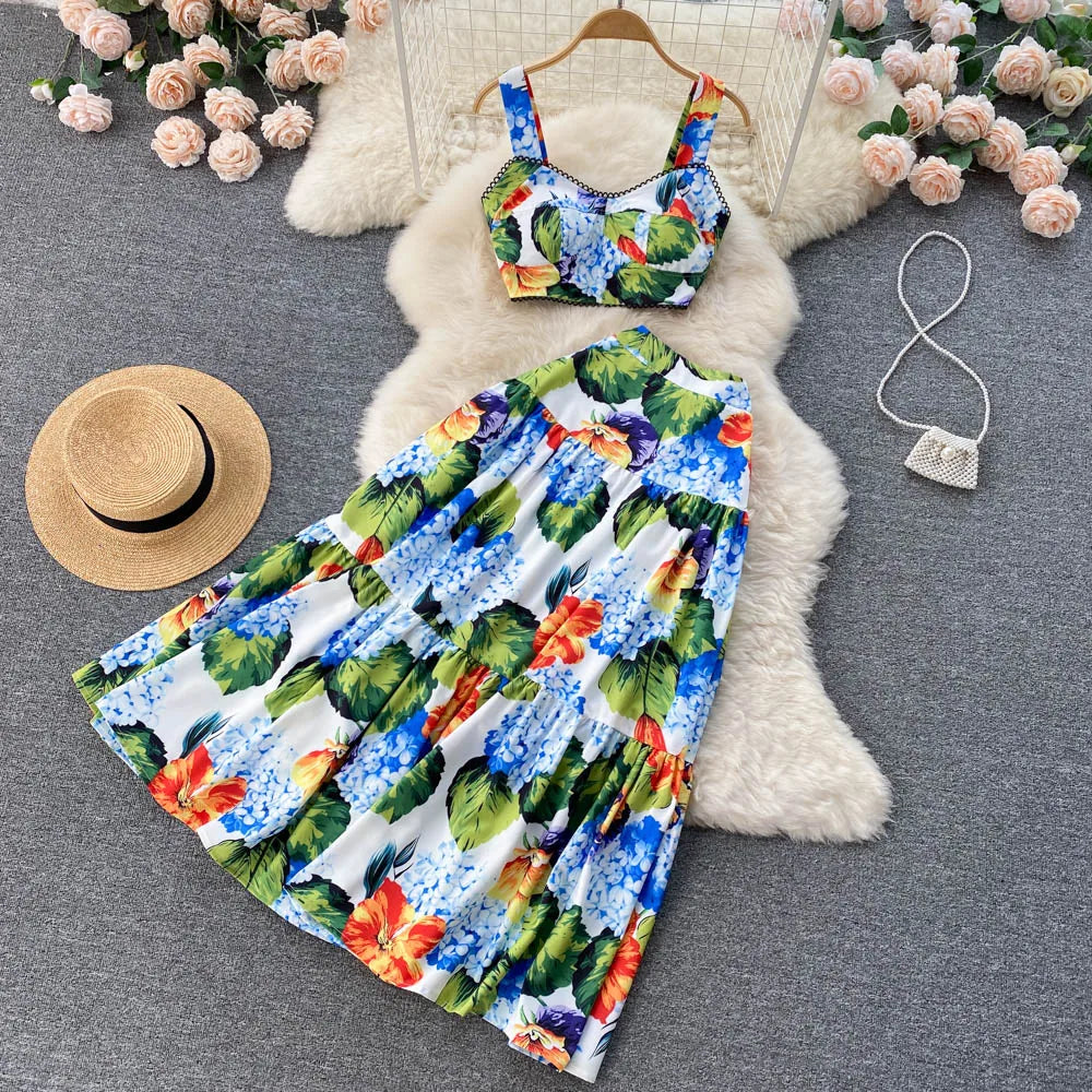 ANSZKTN et le style de vacances américain ANSZKTN Print Suit Femme Courte Bretelle Haut Jupe Plissée Ensemble