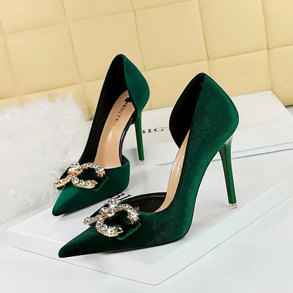 Banquet High Heels Women's Shoes Shallow Mouth Pointed Side Hollowed Out Rhinestone Pearl Bow Sandals