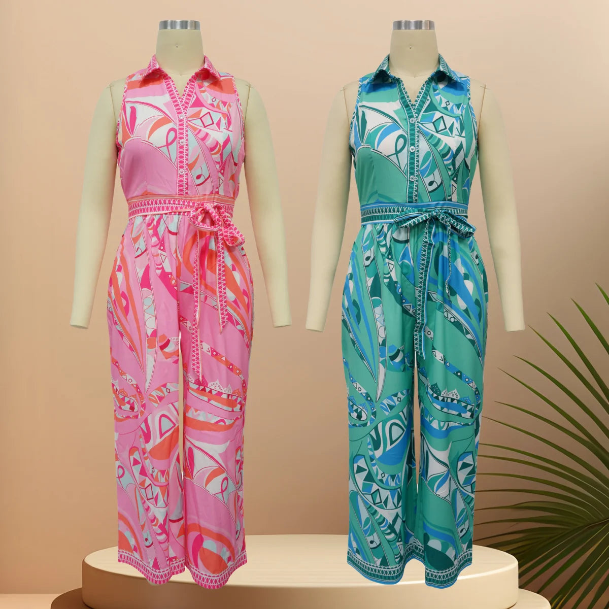 K10547 Großhandel Neuer Sommer Druck Ärmelloser V-Ausschnitt Weiter Bein-Jumpsuit Damen Freizeit-Jumpsuit