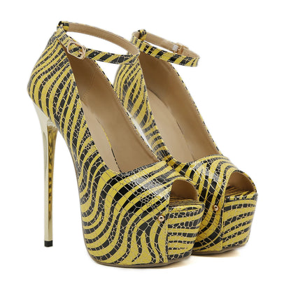 2025 Rayures Tigre Femmes Talons Hauts Sandales Bout Ouvert Été Stiletto Talon Bas Brides Modèles Exposition Chaussures de Fête à la Mode