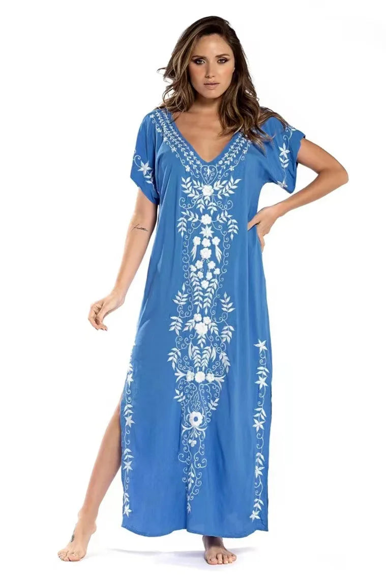 Embroidery Beach Cover up Saida De Praia Swimsuit Women Bikini Cover up Tunics for Beach Pareo Sarong Beachwear